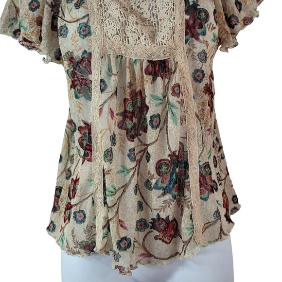Ralph Lauren Denim & Supply Boho Floral Top XS Lace Trim Flutter Sleeves Scoop - Picture 3 of 7